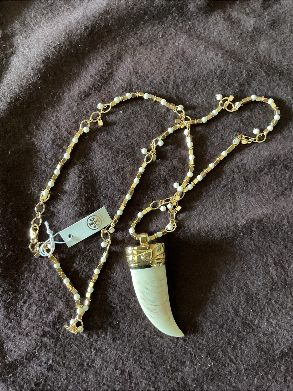Tory Burch Gold and Ivory Horn Pendant Beaded Necklace